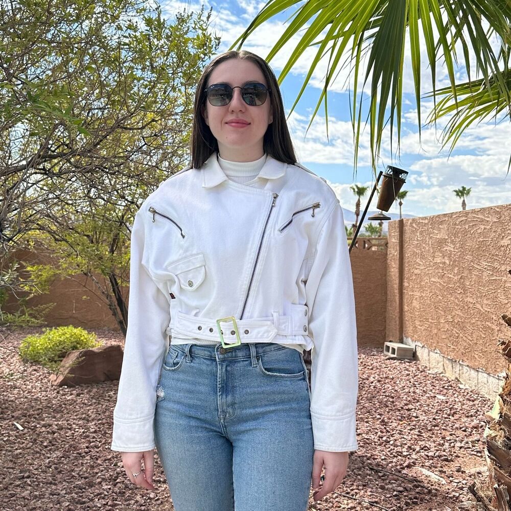 Vtg Capriccio Denim White Embroidered Jacket Women's Medium Zippers Embroidered